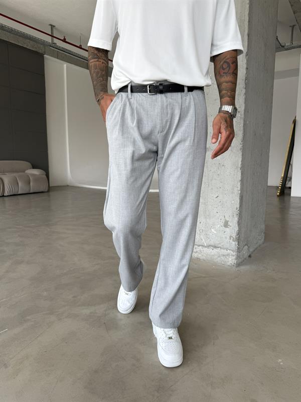 Erkek Baggy Fit Pileli Kumaş Pantolon - Gri