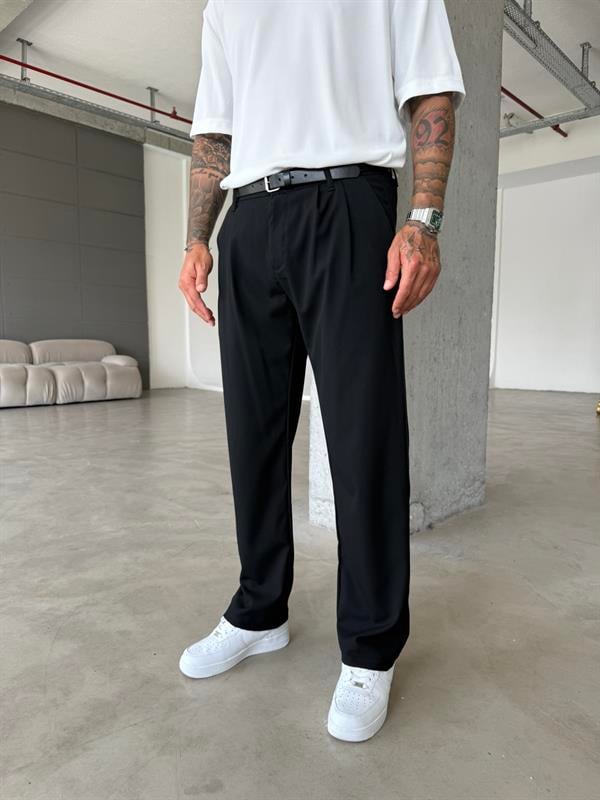 Erkek Baggy Fit Pileli Kumaş Pantolon - Siyah