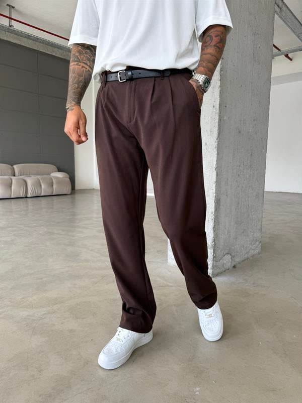 Erkek Baggy Fit Pileli Kumaş Pantolon - Kahve
