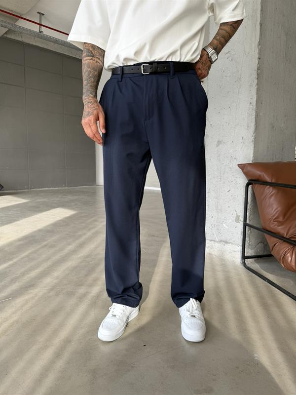 Erkek Baggy Fit Pileli Kumaş Pantolon - Lacivert