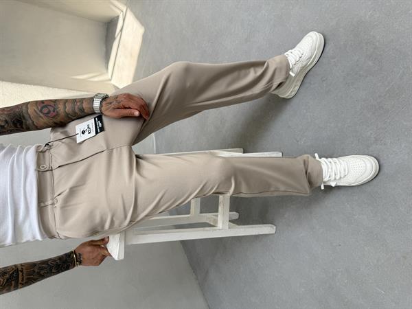 Erkek Baggy Fit Pileli Kumaş Pantolon - Bej