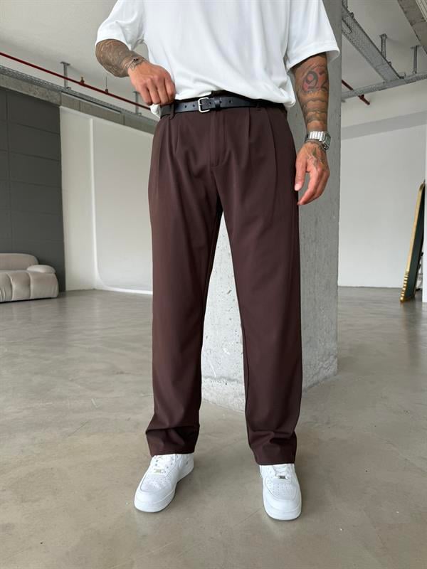 Erkek Baggy Fit Pileli Kumaş Pantolon - Kahve