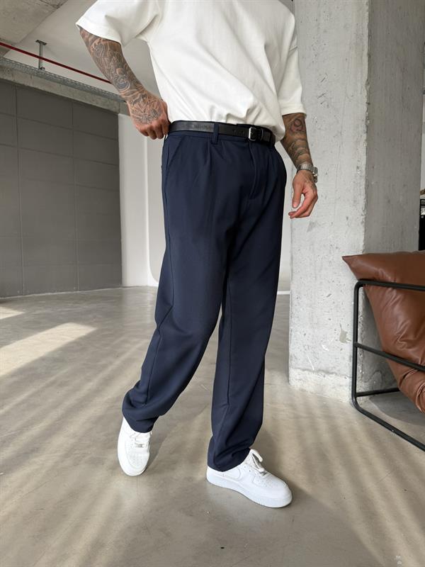 Erkek Baggy Fit Pileli Kumaş Pantolon - Lacivert