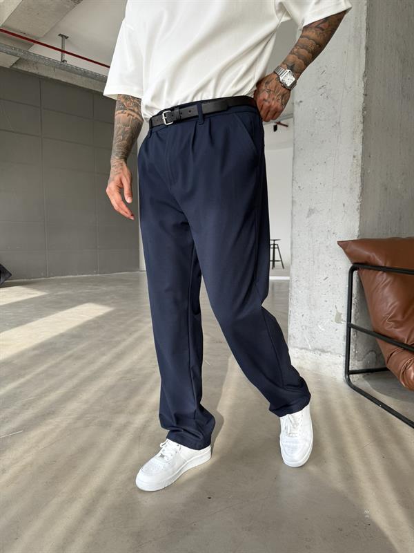 Erkek Baggy Fit Pileli Kumaş Pantolon - Lacivert
