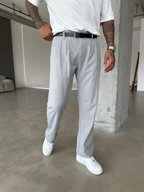 Erkek Baggy Fit Pileli Kumaş Pantolon - Gri