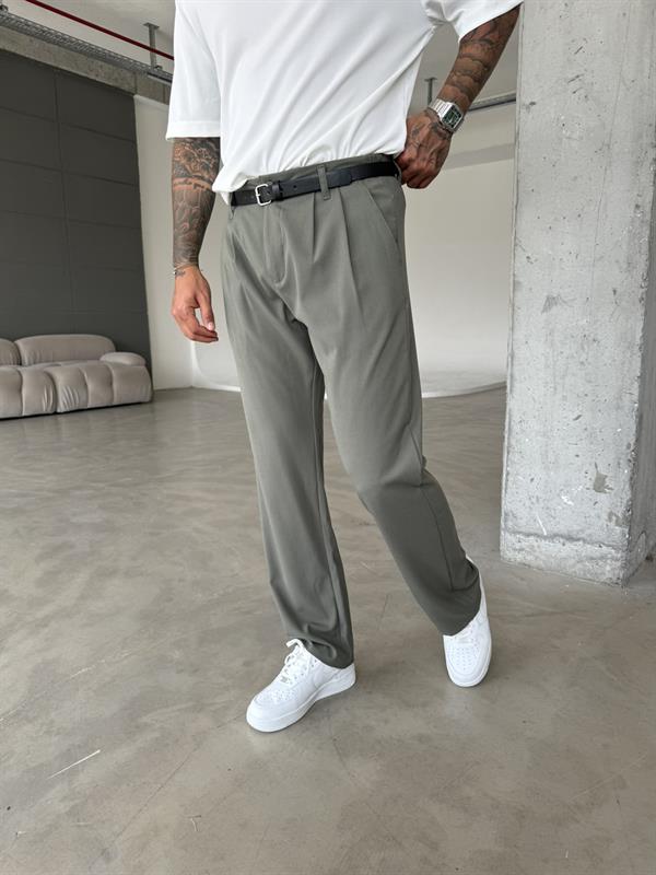 Erkek Baggy Fit Pileli Kumaş Pantolon - Haki
