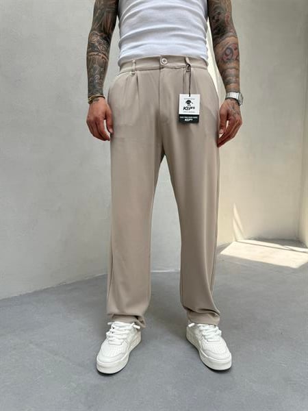 Erkek Baggy Fit Pileli Kumaş Pantolon - Bej