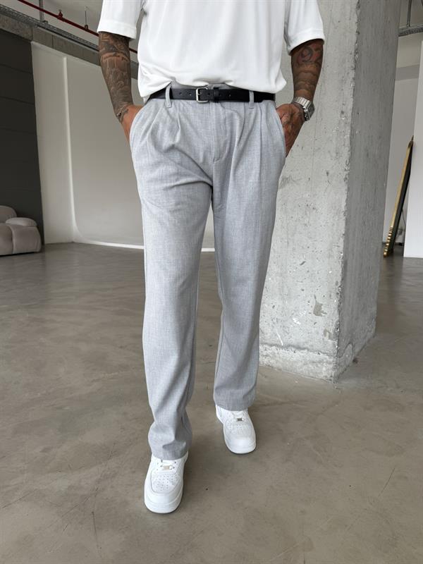 Erkek Baggy Fit Pileli Kumaş Pantolon - Gri