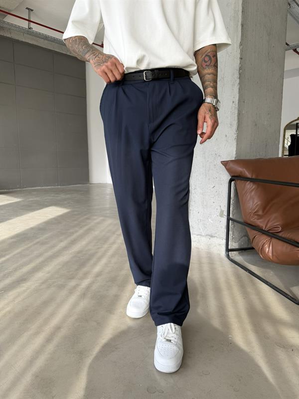 Erkek Baggy Fit Pileli Kumaş Pantolon - Lacivert