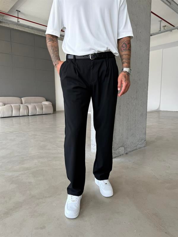 Erkek Baggy Fit Pileli Kumaş Pantolon - Siyah