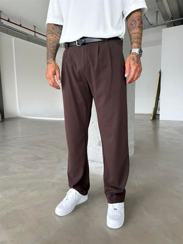 Erkek Baggy Fit Pileli Kumaş Pantolon - Kahve