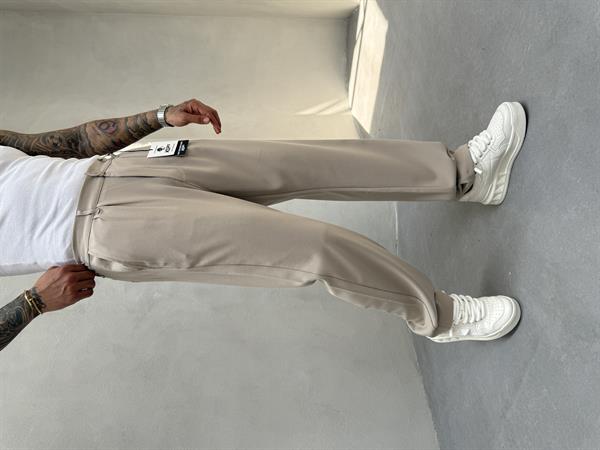 Erkek Baggy Fit Pileli Kumaş Pantolon - Bej
