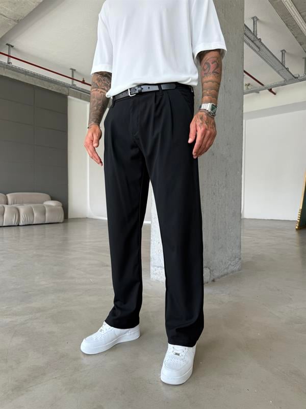 Erkek Baggy Fit Pileli Kumaş Pantolon - Siyah