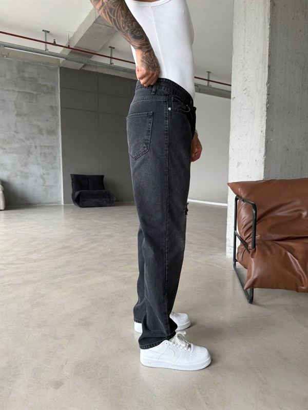 Erkek Baggy Fit Yırtık Detaylı Jean Kot Pantolon Antrasit