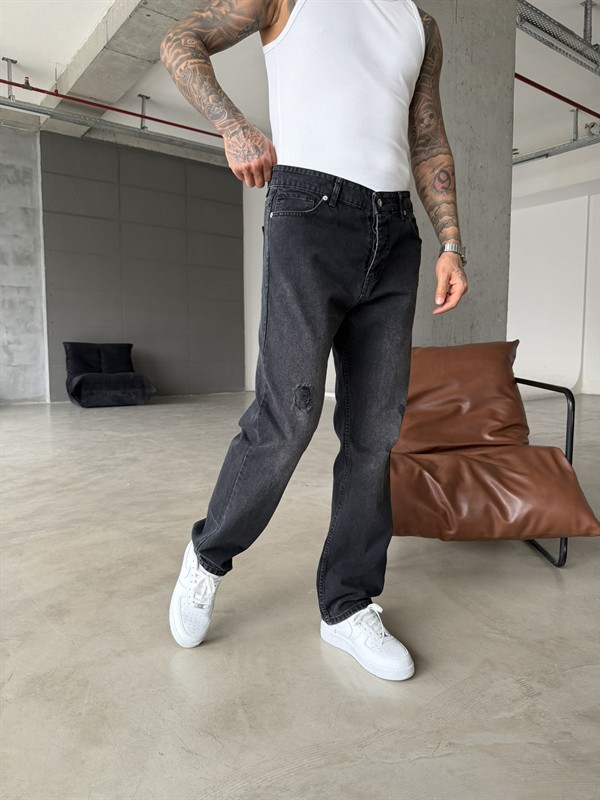 Erkek Baggy Fit Yırtık Detaylı Jean Kot Pantolon Antrasit