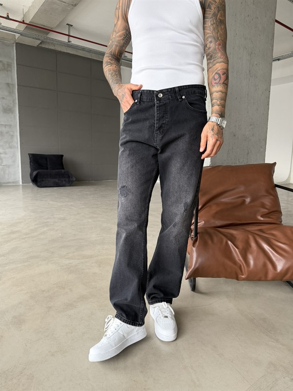 Erkek Baggy Fit Yırtık Detaylı Jean Kot Pantolon Antrasit