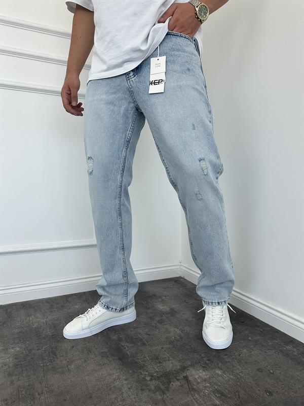 Erkek Baggy Fit Yırtık Detaylı Jean Kot Pantolon Buz Mavi