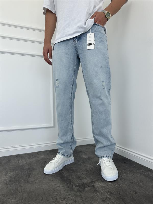 Erkek Baggy Fit Yırtık Detaylı Jean Kot Pantolon Buz Mavi