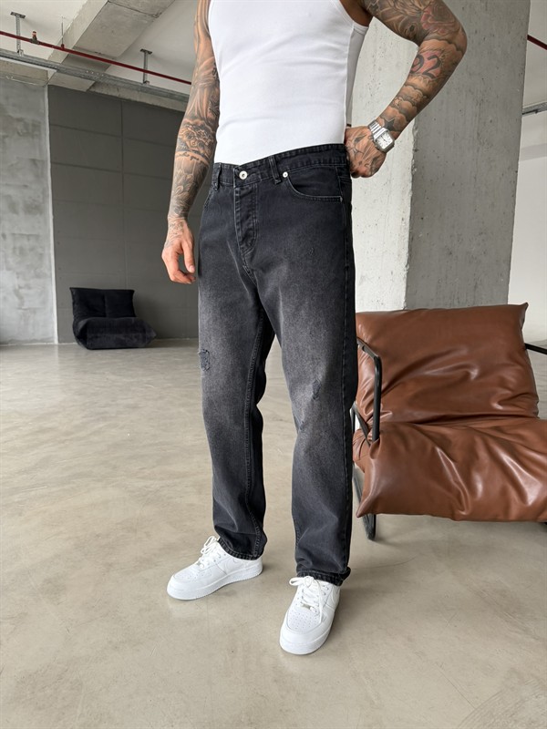 Erkek Baggy Fit Yırtık Detaylı Jean Kot Pantolon Antrasit