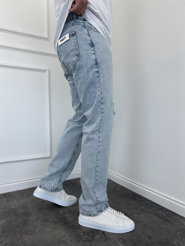 Erkek Baggy Fit Yırtık Detaylı Jean Kot Pantolon Buz Mavi