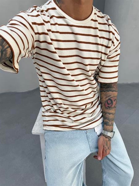 Erkek Basic Cizgili T-Shirt - Kahve