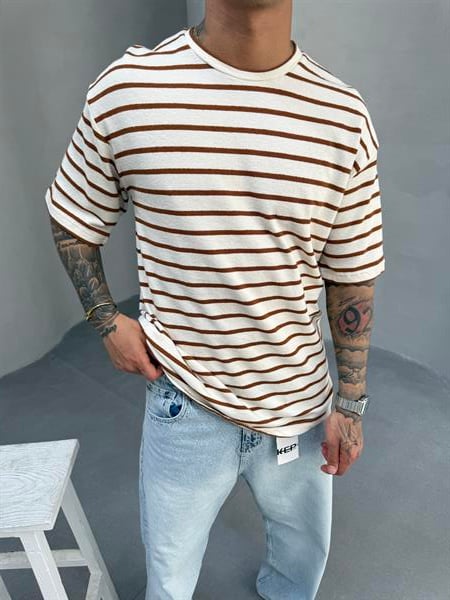 Erkek Basic Cizgili T-Shirt - Kahve