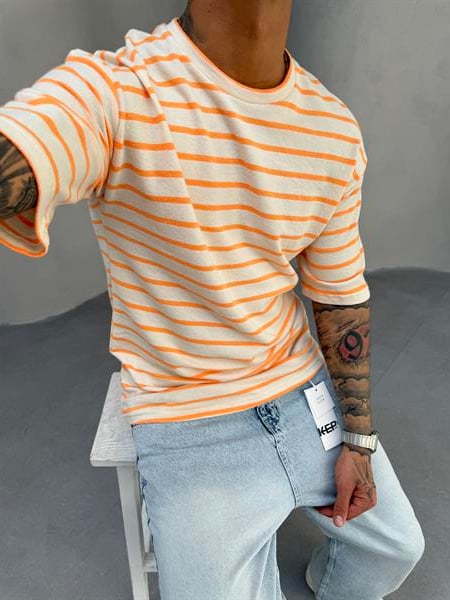 Erkek Basic Cizgili T-Shirt - Turuncu