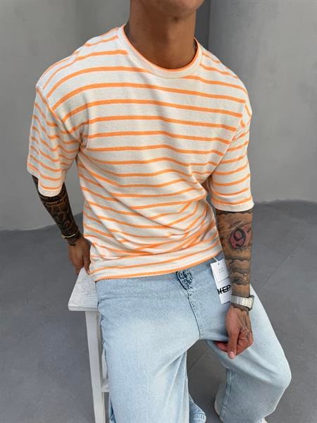 Erkek Basic Cizgili T-Shirt - Turuncu