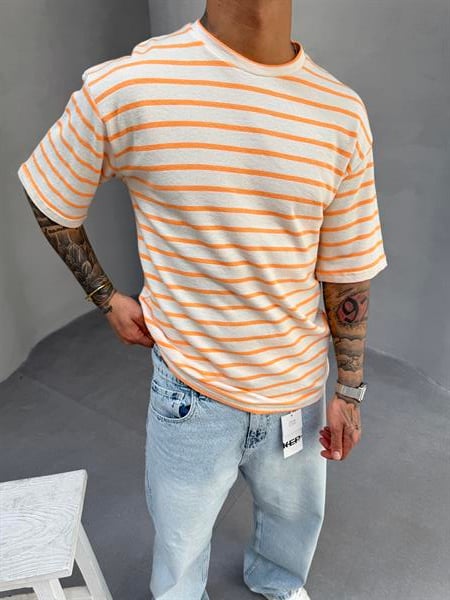 Erkek Basic Cizgili T-Shirt - Turuncu