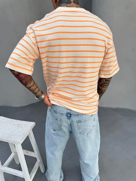 Erkek Basic Cizgili T-Shirt - Turuncu