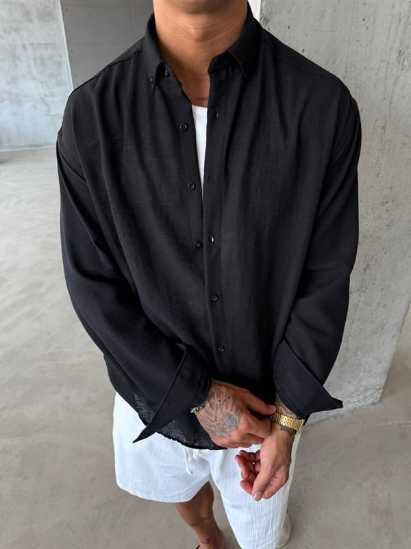Erkek Basic Uzun Kollu Gömlek - Siyah