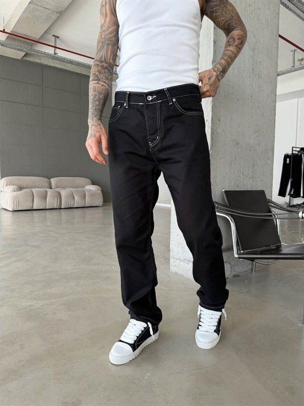 Erkek Beyaz Dikişli Baggy Pantolon - Siyah