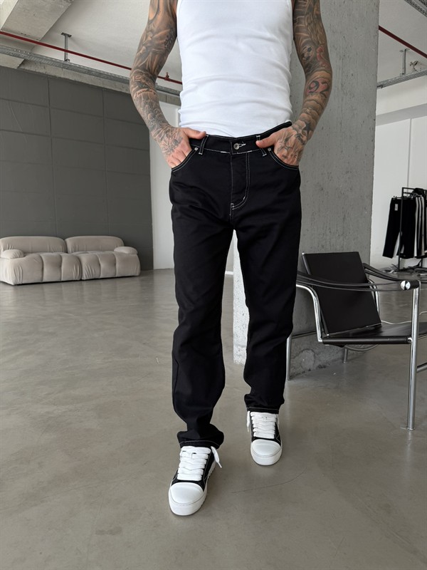 Erkek Beyaz Dikişli Baggy Pantolon - Siyah