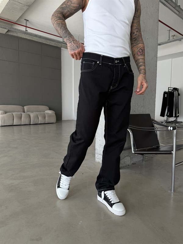 Erkek Beyaz Dikişli Baggy Pantolon - Siyah