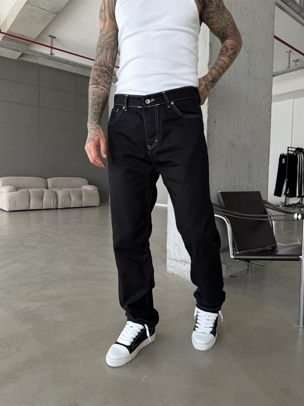 Erkek Beyaz Dikişli Baggy Pantolon - Siyah