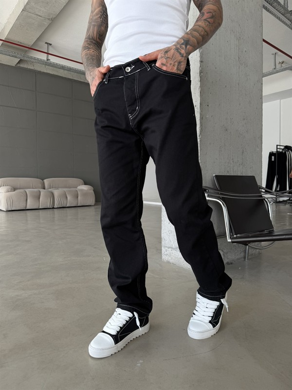 Erkek Beyaz Dikişli Baggy Pantolon - Siyah
