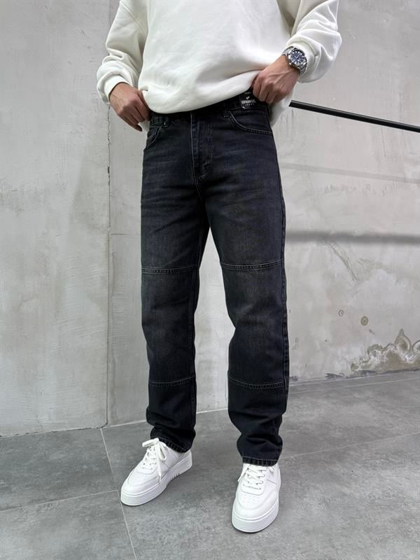 Erkek Blok Dikiş Detaylı Baggy Fit Jean Pantolon Siyah