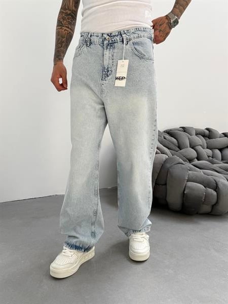 Erkek Buz Mavi Yıkamalı Relax Baggy - Buz Mavi