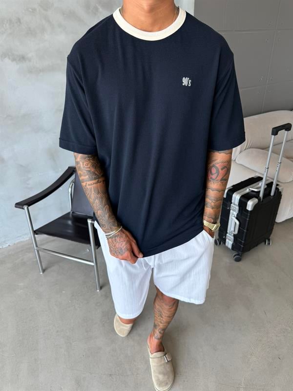 Erkek Oversize Basic 90s T-Shirt - Lacivert