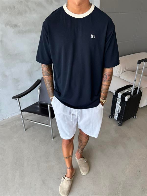 Erkek Oversize Basic 90s T-Shirt - Lacivert