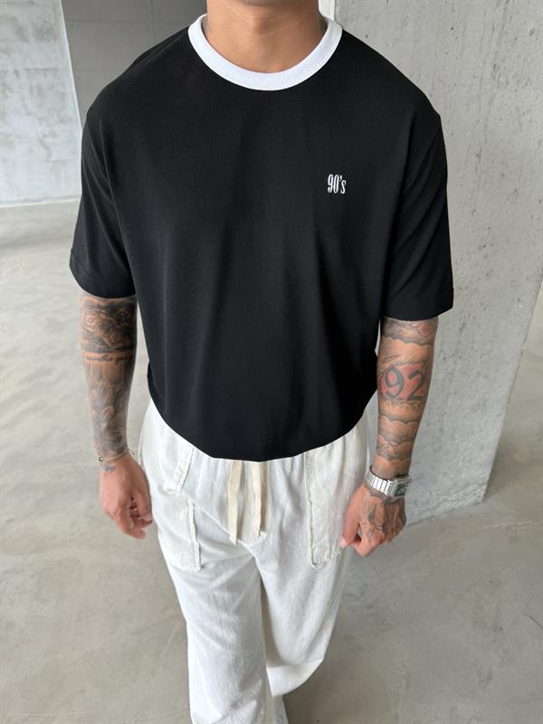 Erkek Oversize Basic 90s T-Shirt - Siyah