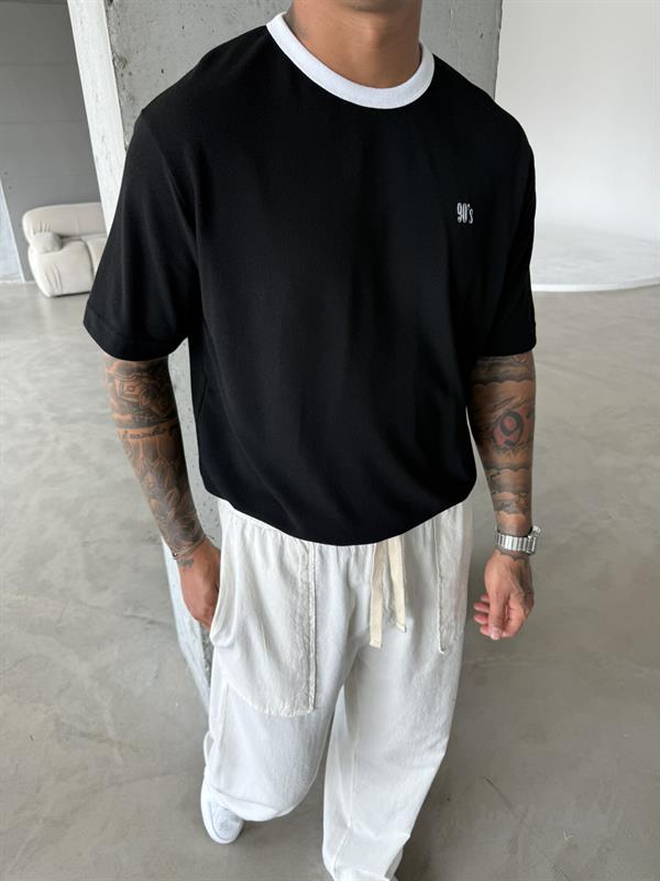 Erkek Oversize Basic 90s T-Shirt - Siyah