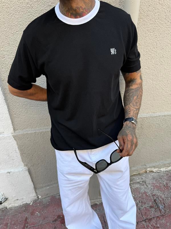 Erkek Oversize Basic 90s T-Shirt - Siyah