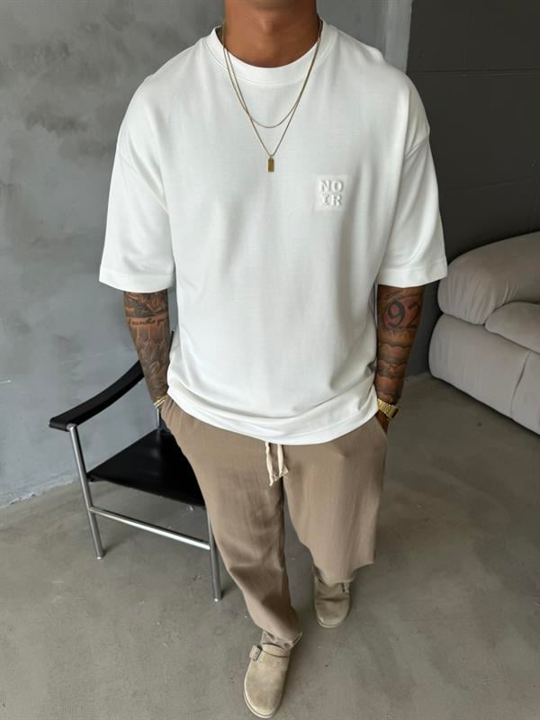Erkek Oversize Basic NO IR T-Shirt - Beyaz