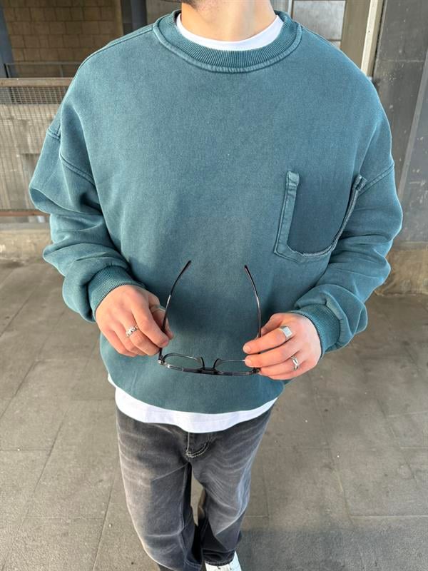 Erkek Oversize Cep Detaylı Yıkamalı Sweatshirt Soluk Mavi