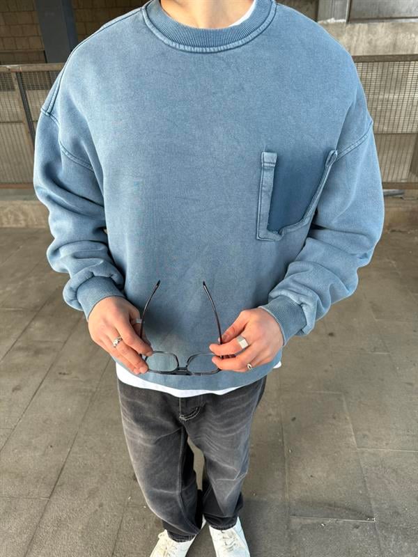 Erkek Oversize Cep Detaylı Yıkamalı Sweatshirt Bebe Mavi