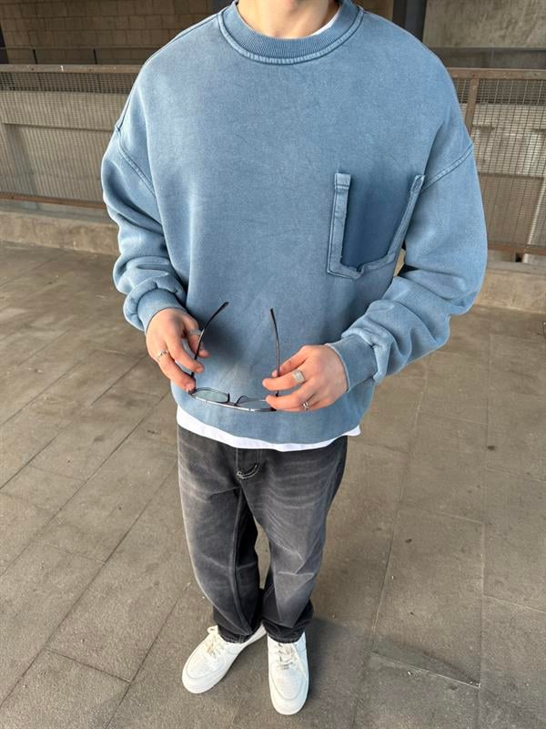Erkek Oversize Cep Detaylı Yıkamalı Sweatshirt Bebe Mavi