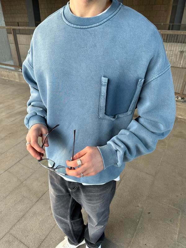 Erkek Oversize Cep Detaylı Yıkamalı Sweatshirt Bebe Mavi