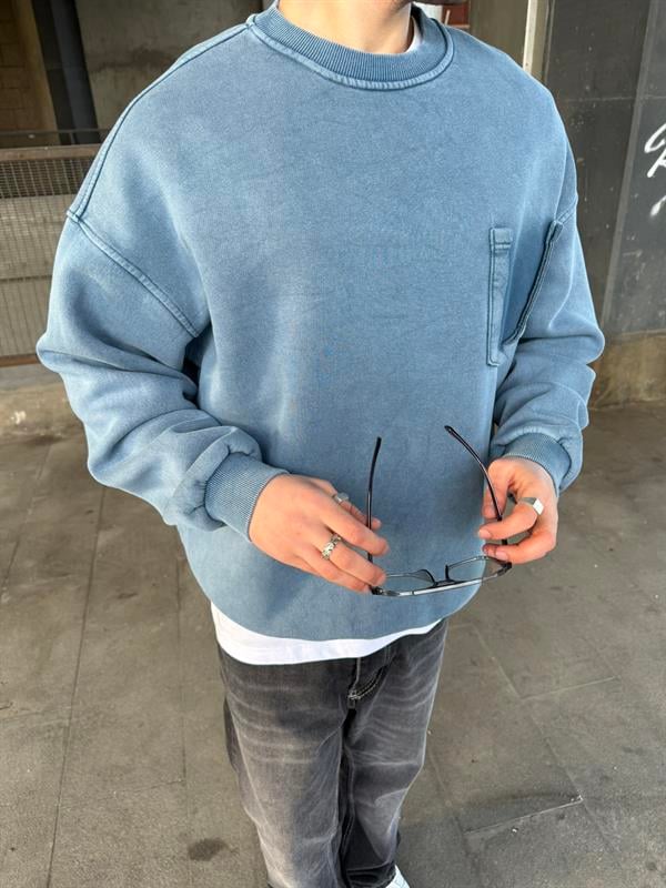 Erkek Oversize Cep Detaylı Yıkamalı Sweatshirt Bebe Mavi