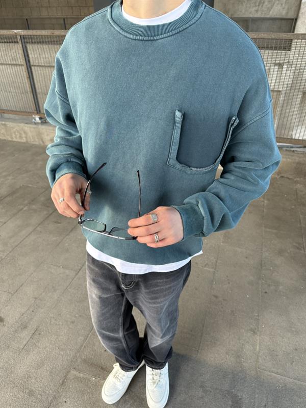 Erkek Oversize Cep Detaylı Yıkamalı Sweatshirt Soluk Mavi